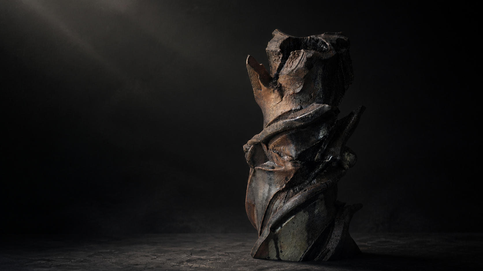 A sculptural ceramic work by Shozo Michikawa against a dark background.